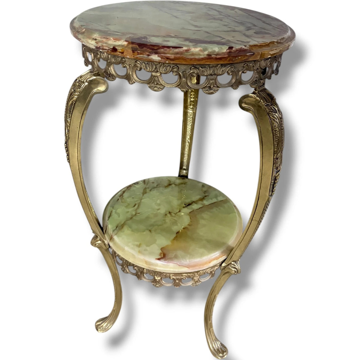 Vintage Onyx Plant Stand – Two Tier Green Onyx Shelves | Ornate Brass Frame