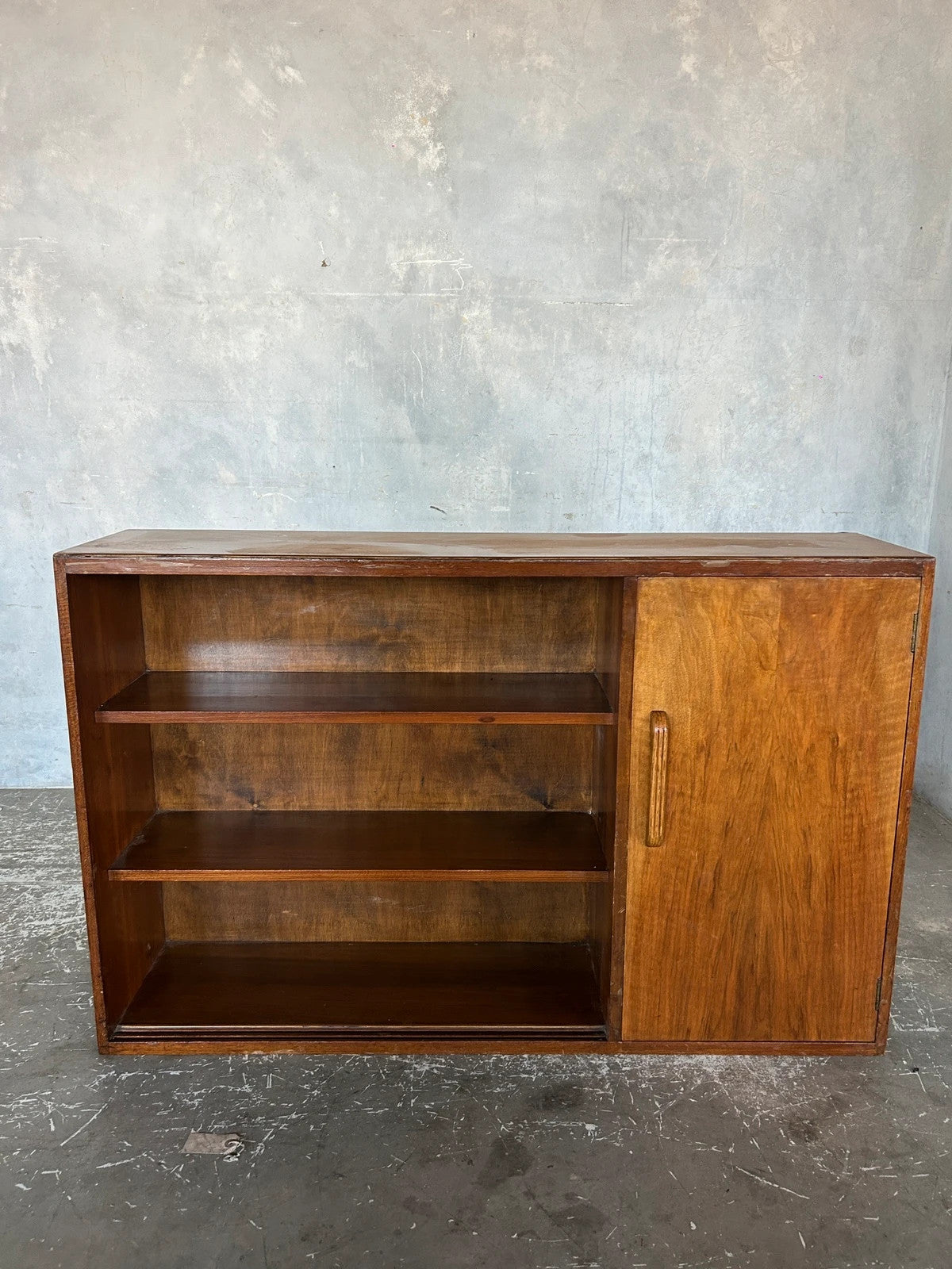 Mid Century Walnut Bookcase with Cupboard – Vintage Bookshelf Storage Cabinet
