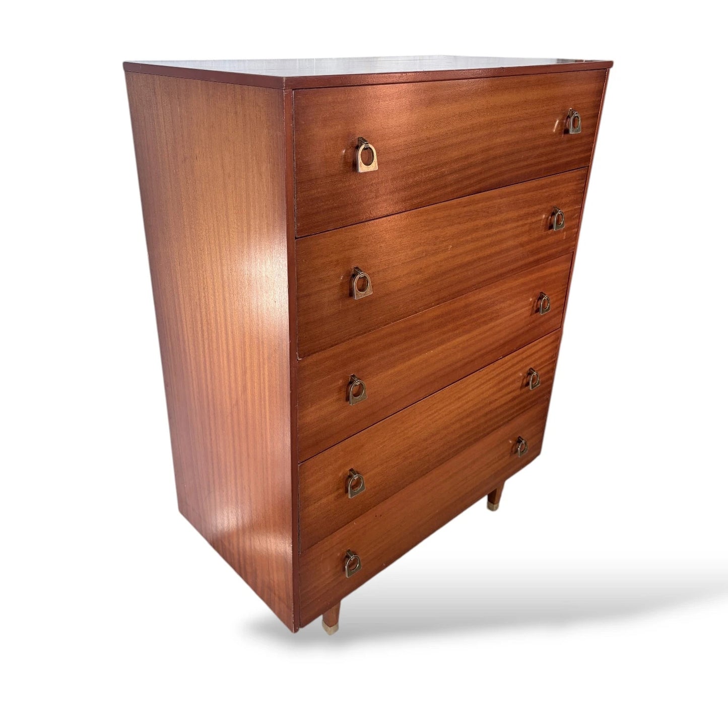Mid-Century Chest Drawers | Tallboy Dresser with Brass Handles & Teak Veneer
