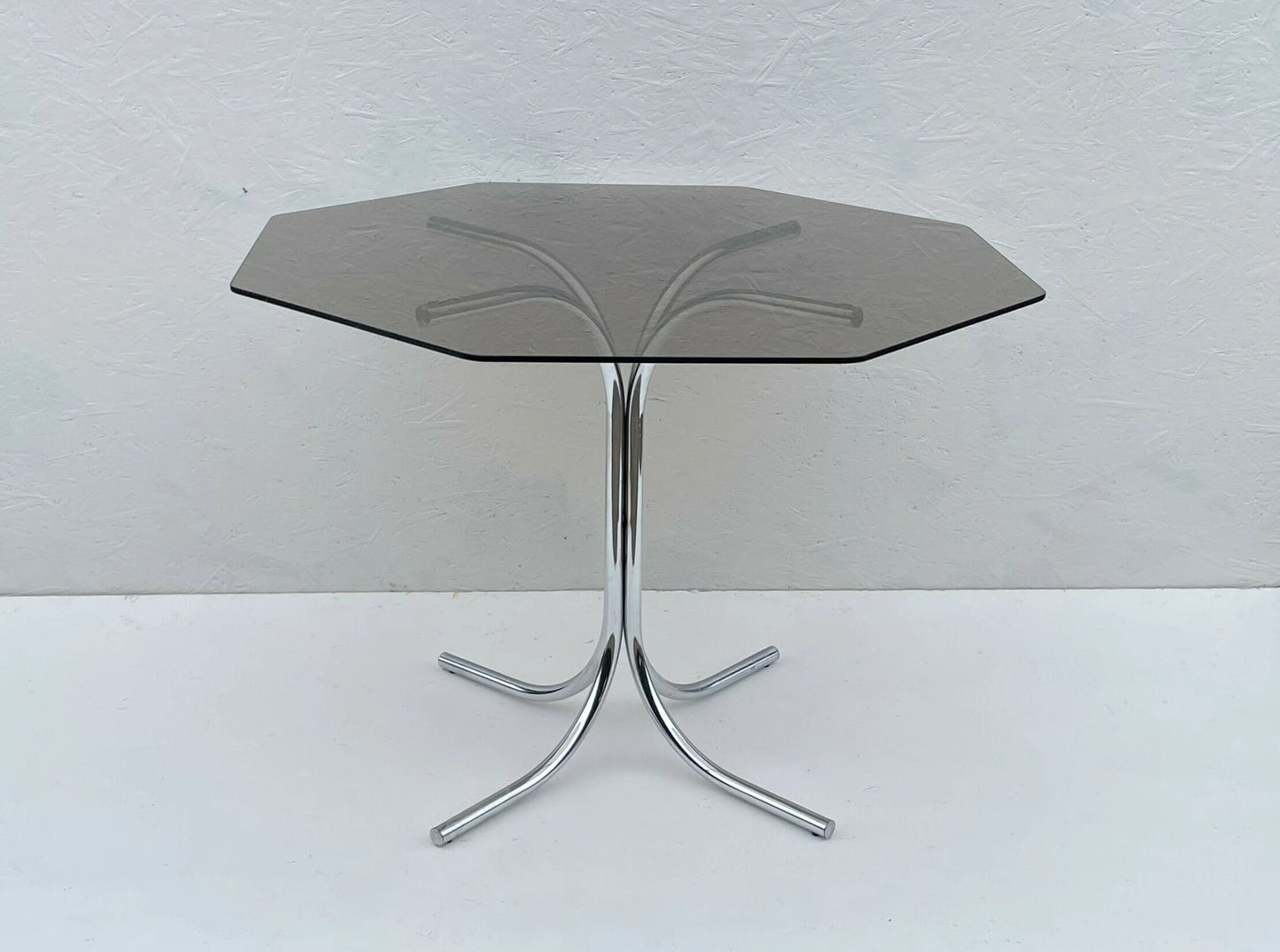 Mid Century Modern Hexagonal Dining Table | Smoked Glass & Chrome Base