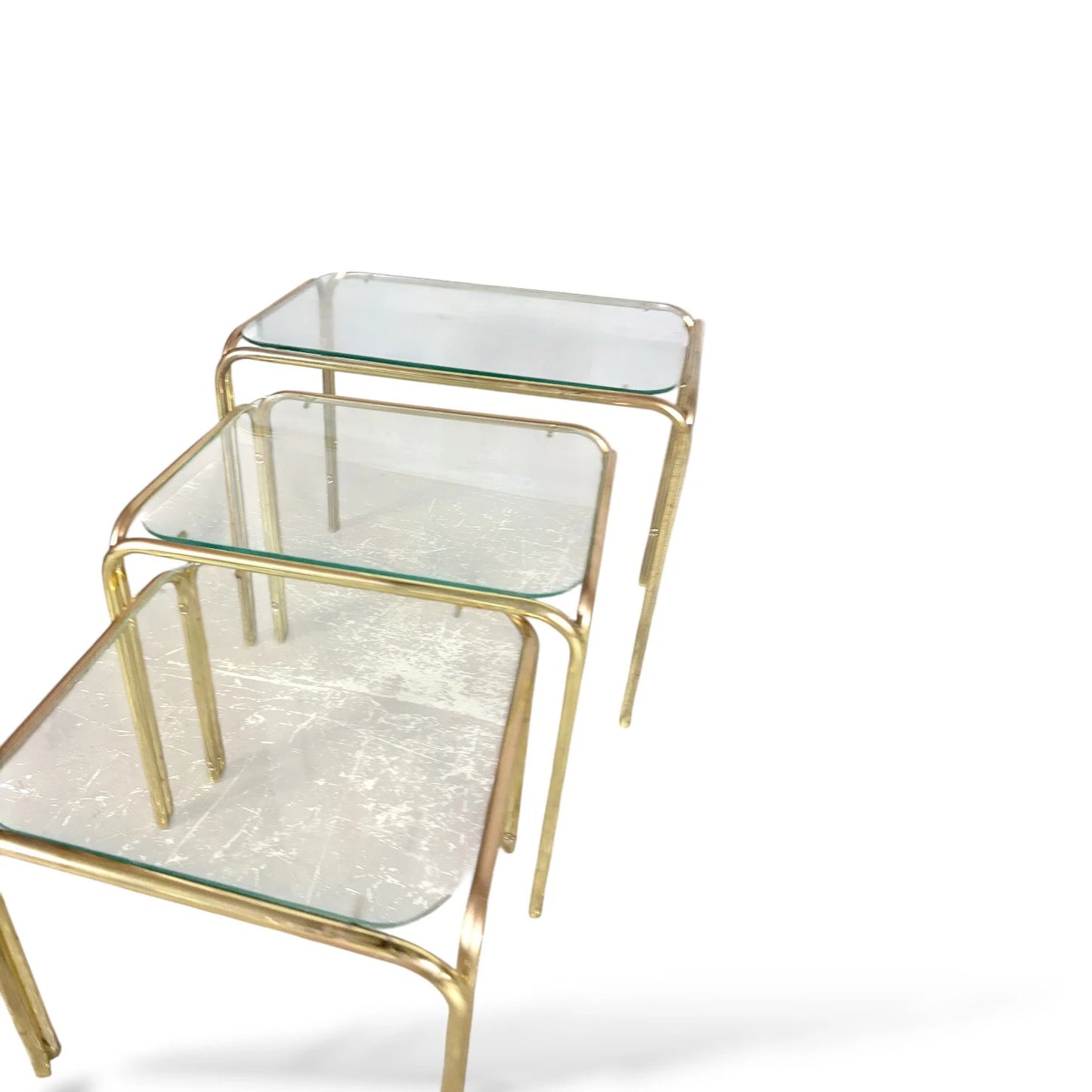 Vintage Brass and Glass Nest of Tables – 1970s Hollywood Regency Style