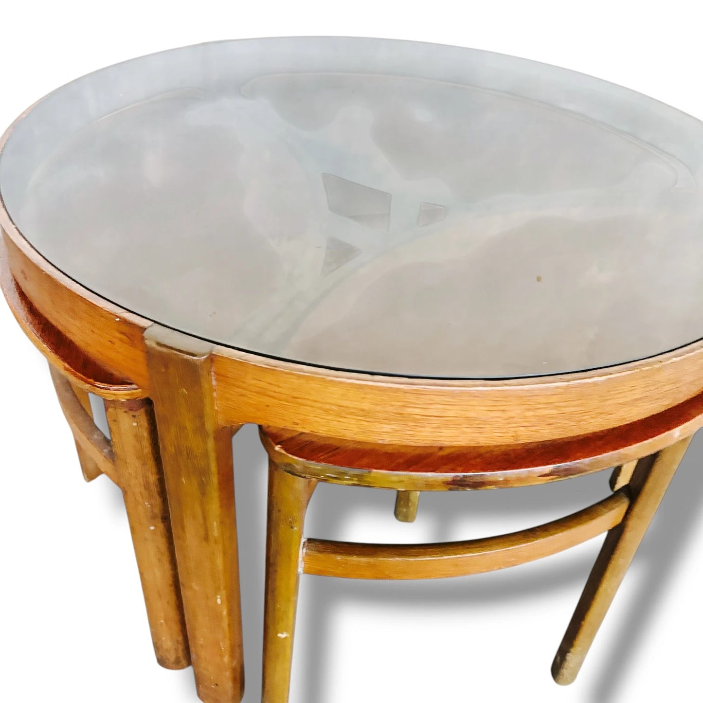 Nathan “Trinity” Nest of Tables – Mid-Century Teak with Smoked Glass Top