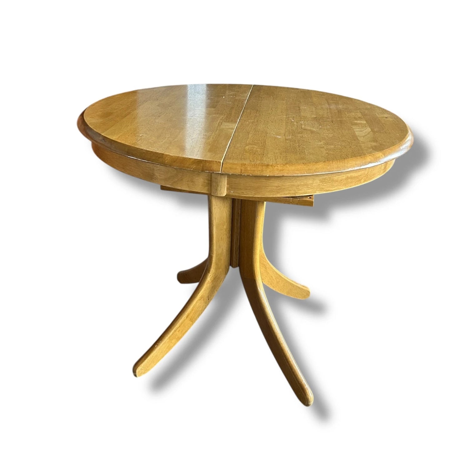 Mid-Century Modern Blonde Wood Extending Pedestal Round Dining Table