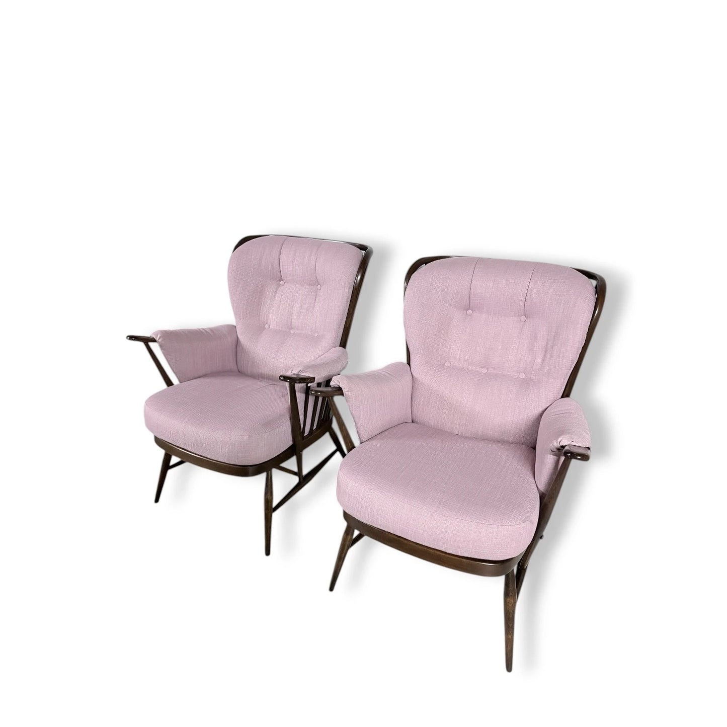 Ercol Everest Armchairs – Mid-Century Dark Beech Chairs with Dusty Pink Upholstery — view 9