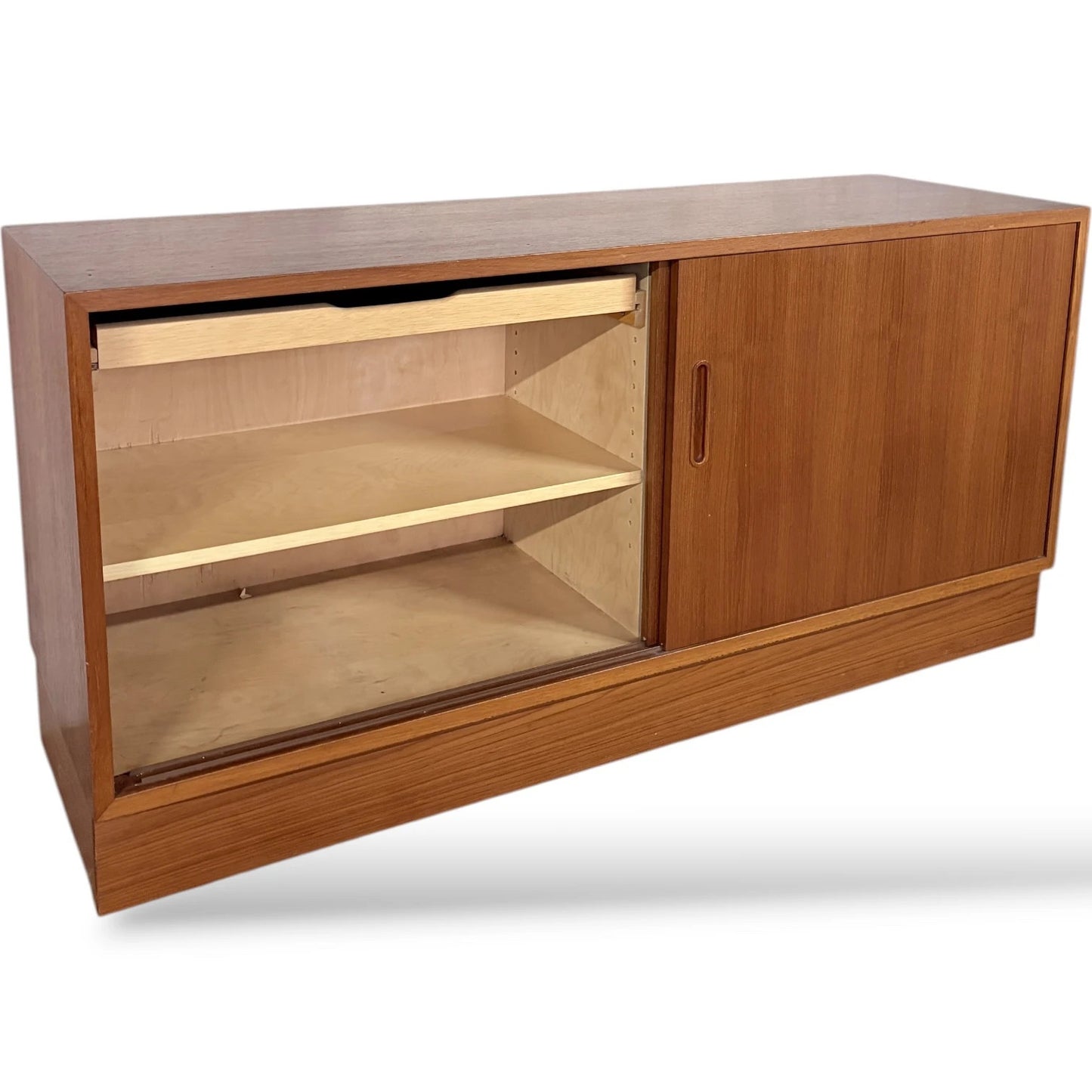 Danish Teak Sideboard – Mid Century Low Cabinet with Sliding Door Storage — view 9