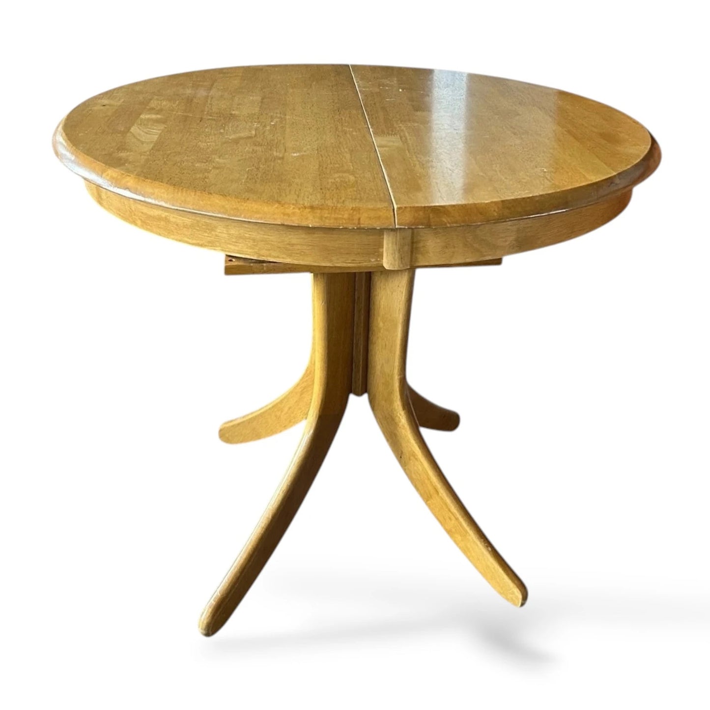 Mid Century Modern Vintage Blonde Wood Extending Pedestal Round Dining Table