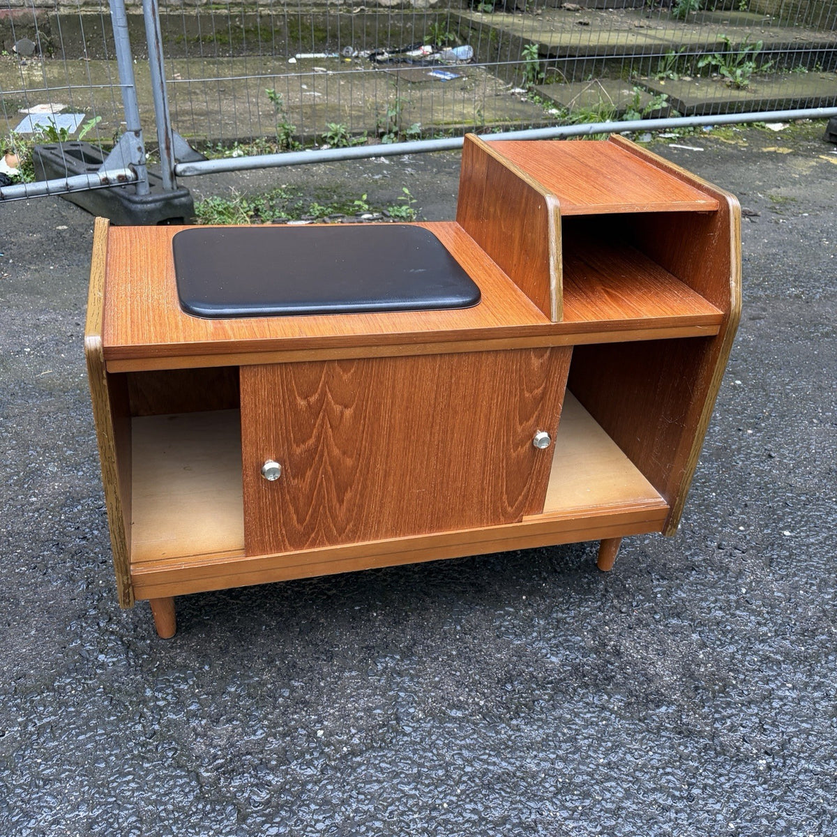 Mid Century Chippy Heath Teak Telephone Bench – Black Vinyl – view 9