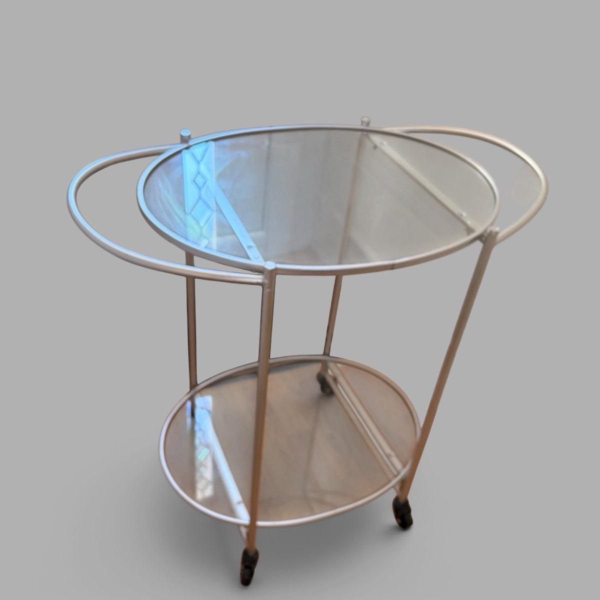 1990s Oval Glass & Silver-Tone Drinks Trolley – Two-Tier Bar Cart – view 9