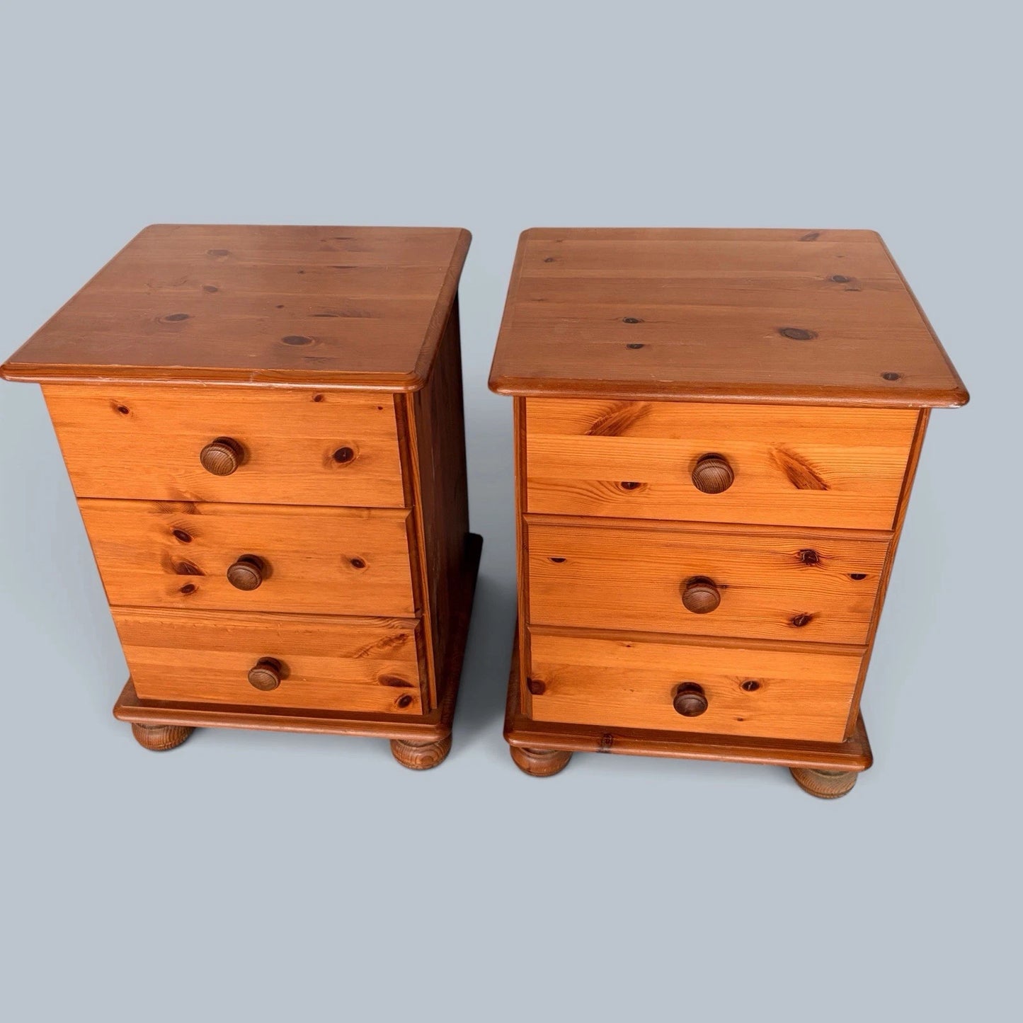 Pair of traditional pine three-drawer bedside cabinets - view 6
