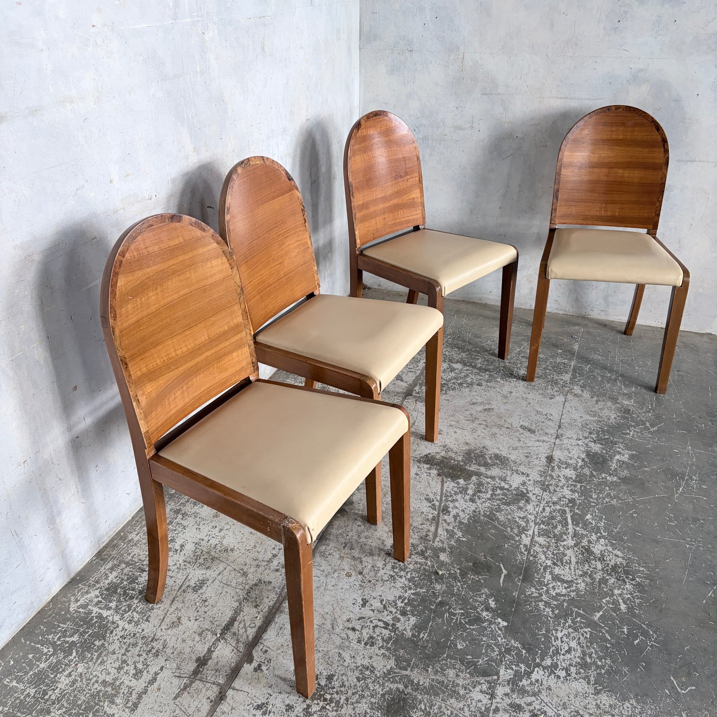 Set of Four Art Deco Burr Walnut Dining Chairs with Cream Upholstered Seats