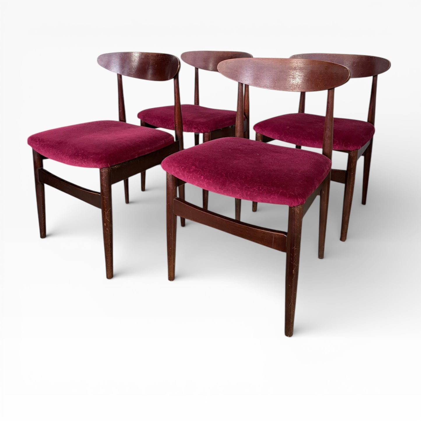 Teak Dining Chairs – Mid-Century Modern British Design | Burgundy Upholstered Set