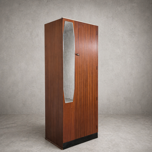 Mid Century Atomic Teak Single Wardrobe with Mirror Door – Compact Hanging Cabinet