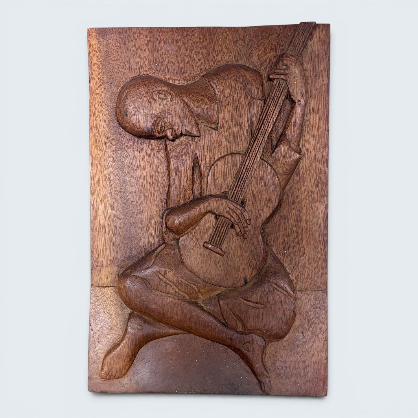 Vintage Hand-Carved Wooden Relief Wall Plaque of a Guitarist