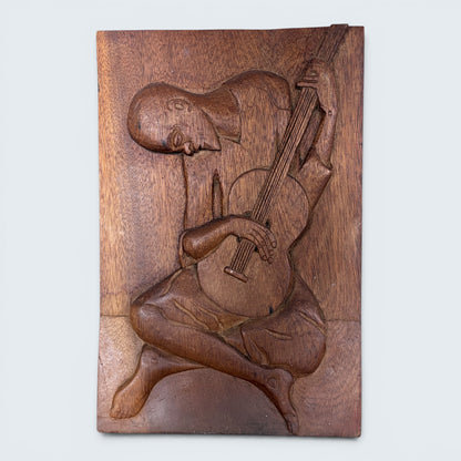 Vintage Hand-Carved Wooden Relief Wall Plaque of a Guitarist