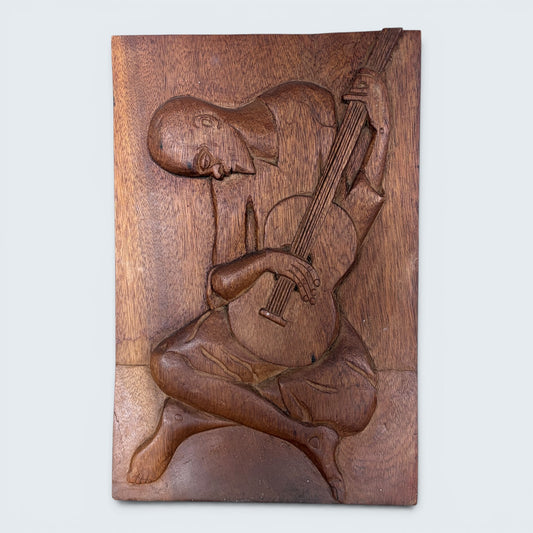 Vintage Hand-Carved Wooden Relief Wall Plaque of a Guitarist