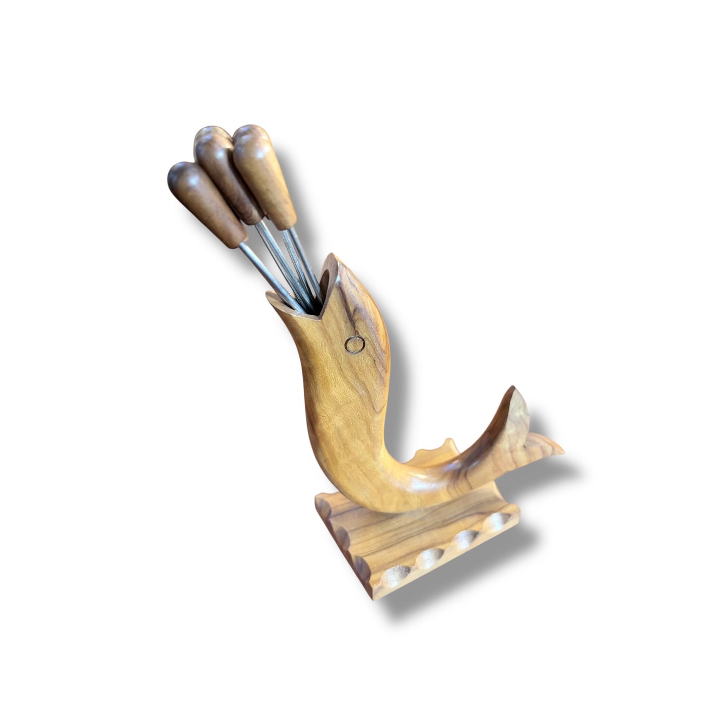 Mid-Century Olive Wood Fish-Form Knife & Pick Holder