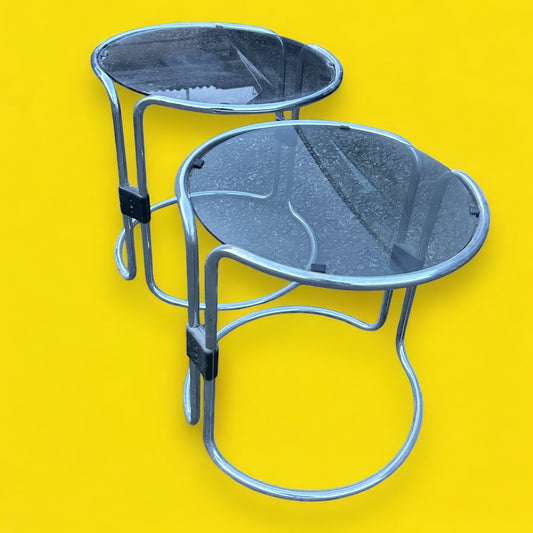 Mid Century Italian Chrome and Smoked Glass Round Nest of Tables