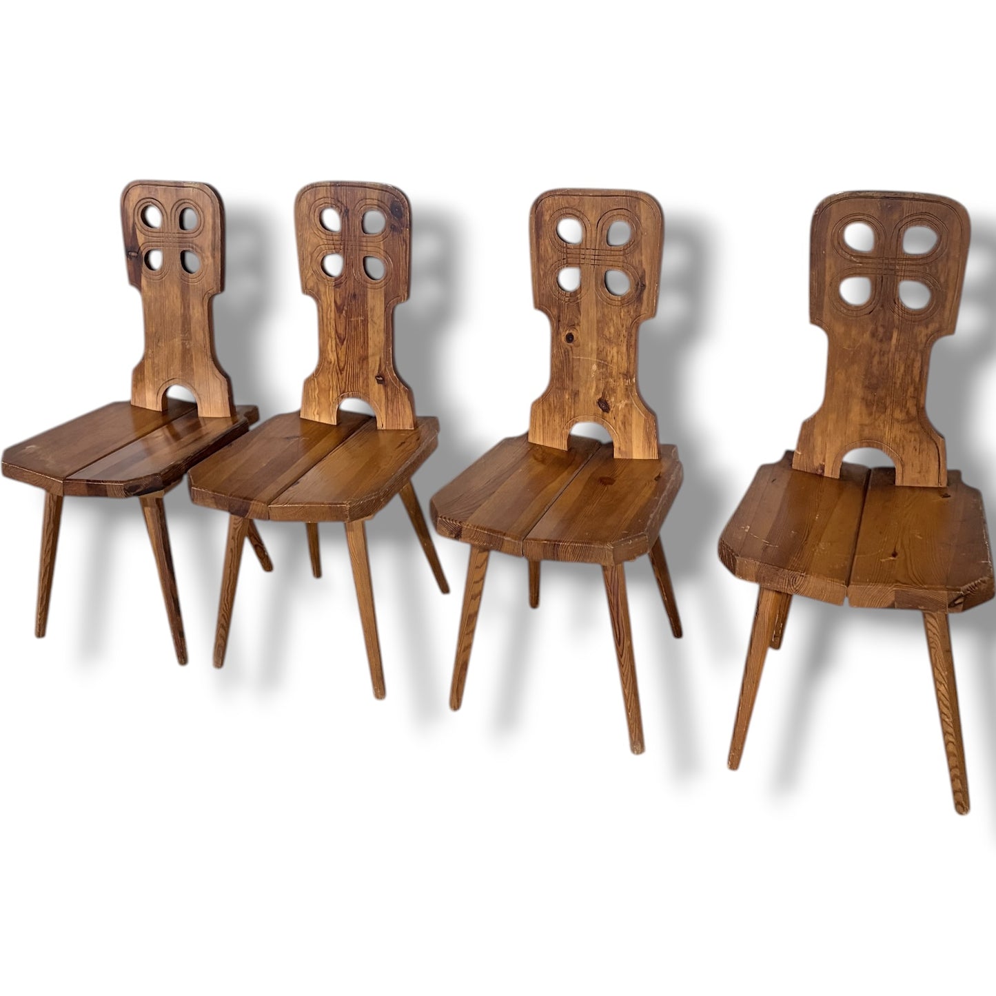 Folk Brutalist Chairs | Solid Wood Mid Century Dining Set of Four | Hand Carved