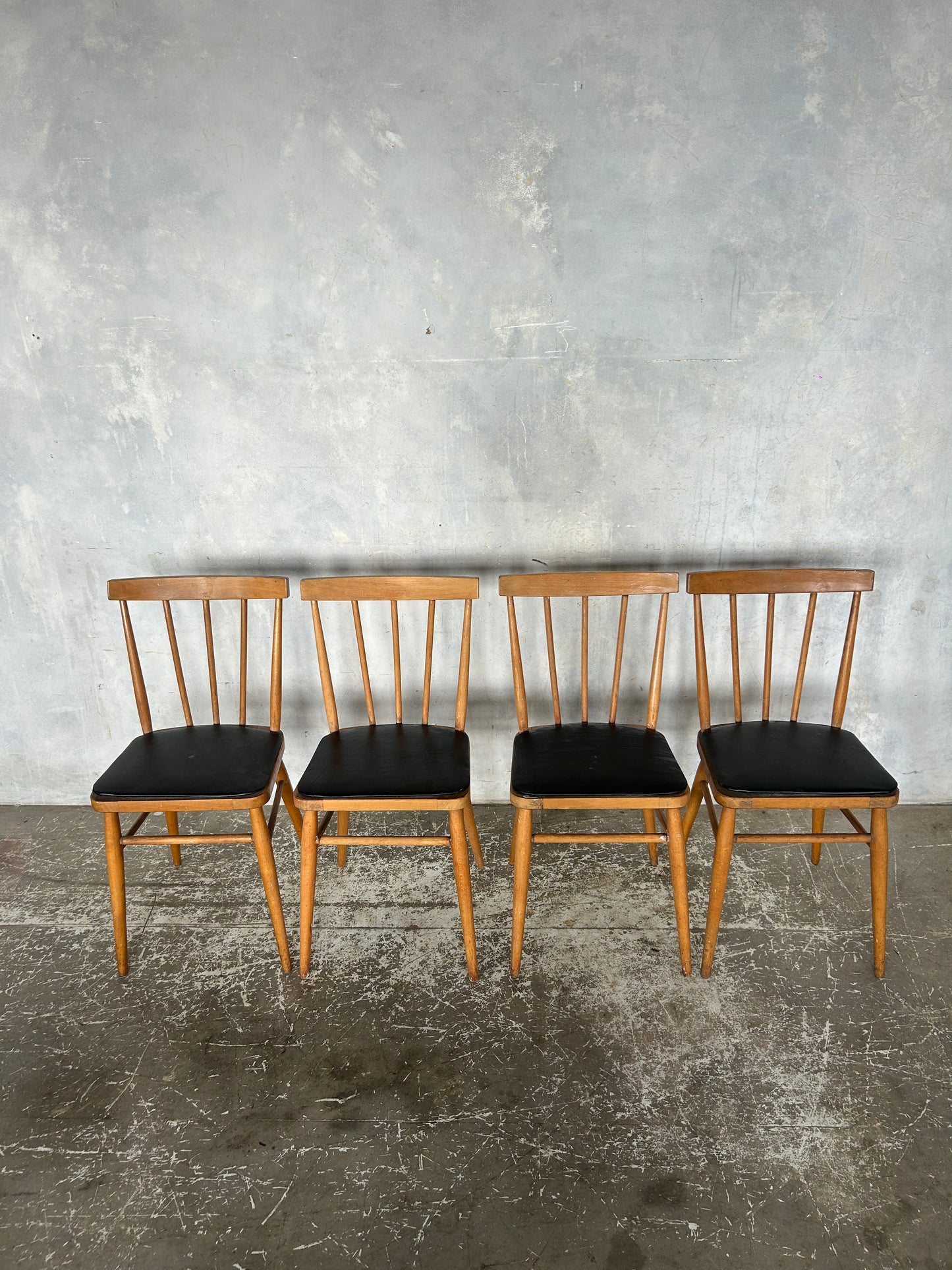 Set of 4 Vintage Stick Back Dining Chairs | Mid-Century Kitchen Chairs with Black Vinyl Seats