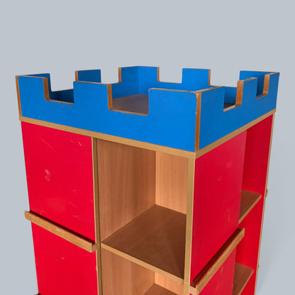 Handmade Postmodern Castle Bookcase & Vinyl Record Storage Unit – Red & Blue