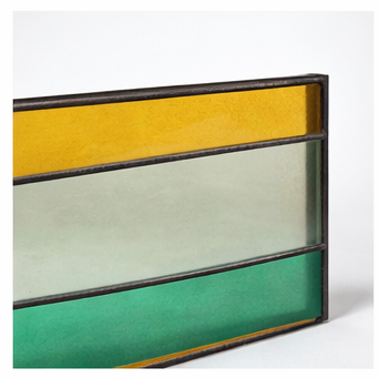 Vintage Stained Glass Window Panel – Geometric Leaded Glass in Green, Amber & Blue