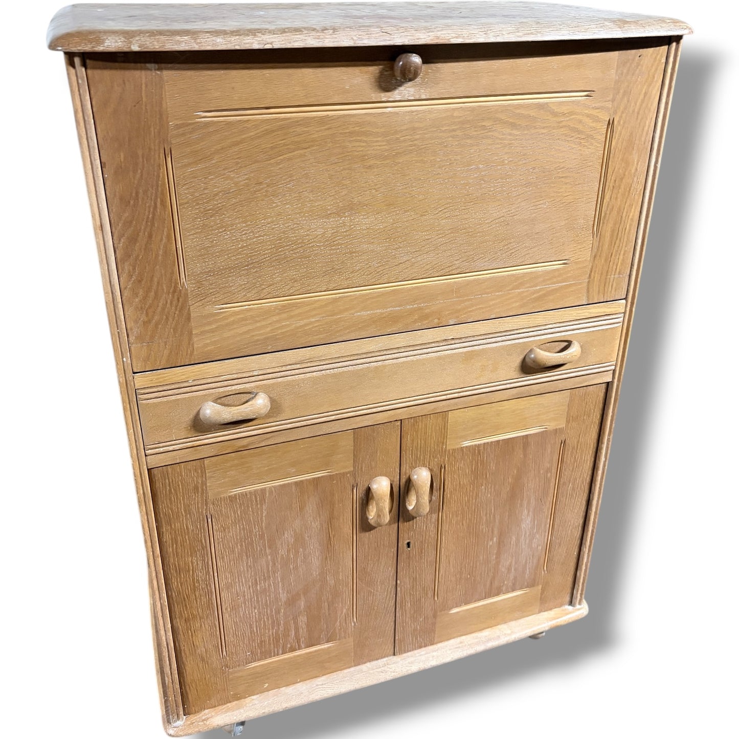 Vintage Oak Bureau - Drop Front Desk | Compact Writing Desk With Castor Wheels