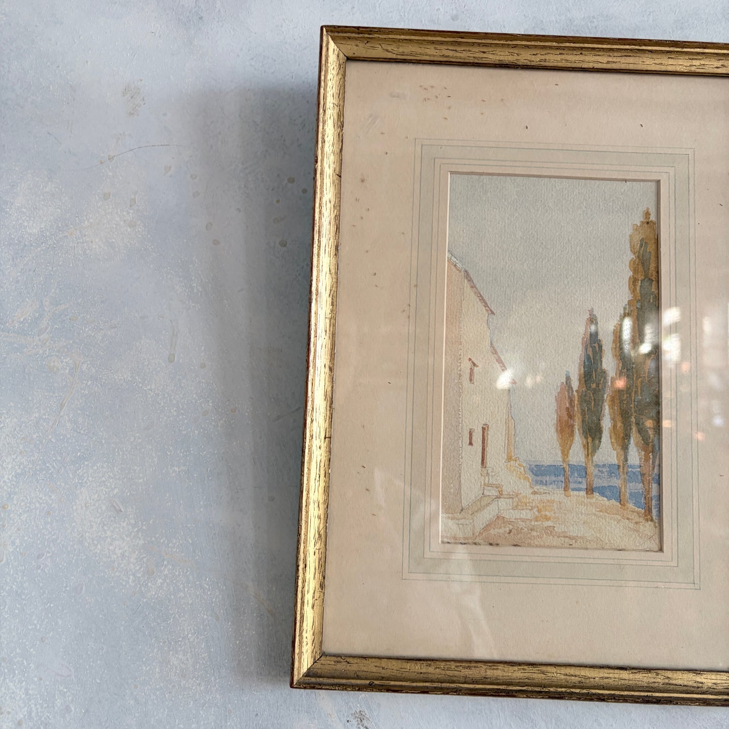 Framed Vintage Watercolour – Dreamy Coastal Scene in Gilt Frame