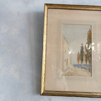 Framed Vintage Watercolour – Dreamy Coastal Scene in Gilt Frame