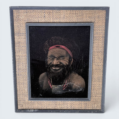 Vintage Papuan Highlander Portrait Painting in Original Hessian Frame