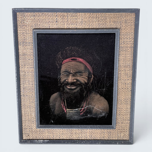 Vintage Papuan Highlander Portrait Painting in Original Hessian Frame