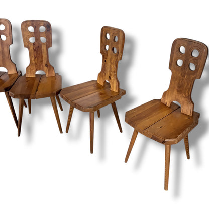 Folk Brutalist Chairs | Solid Wood Mid Century Dining Set of Four | Hand Carved