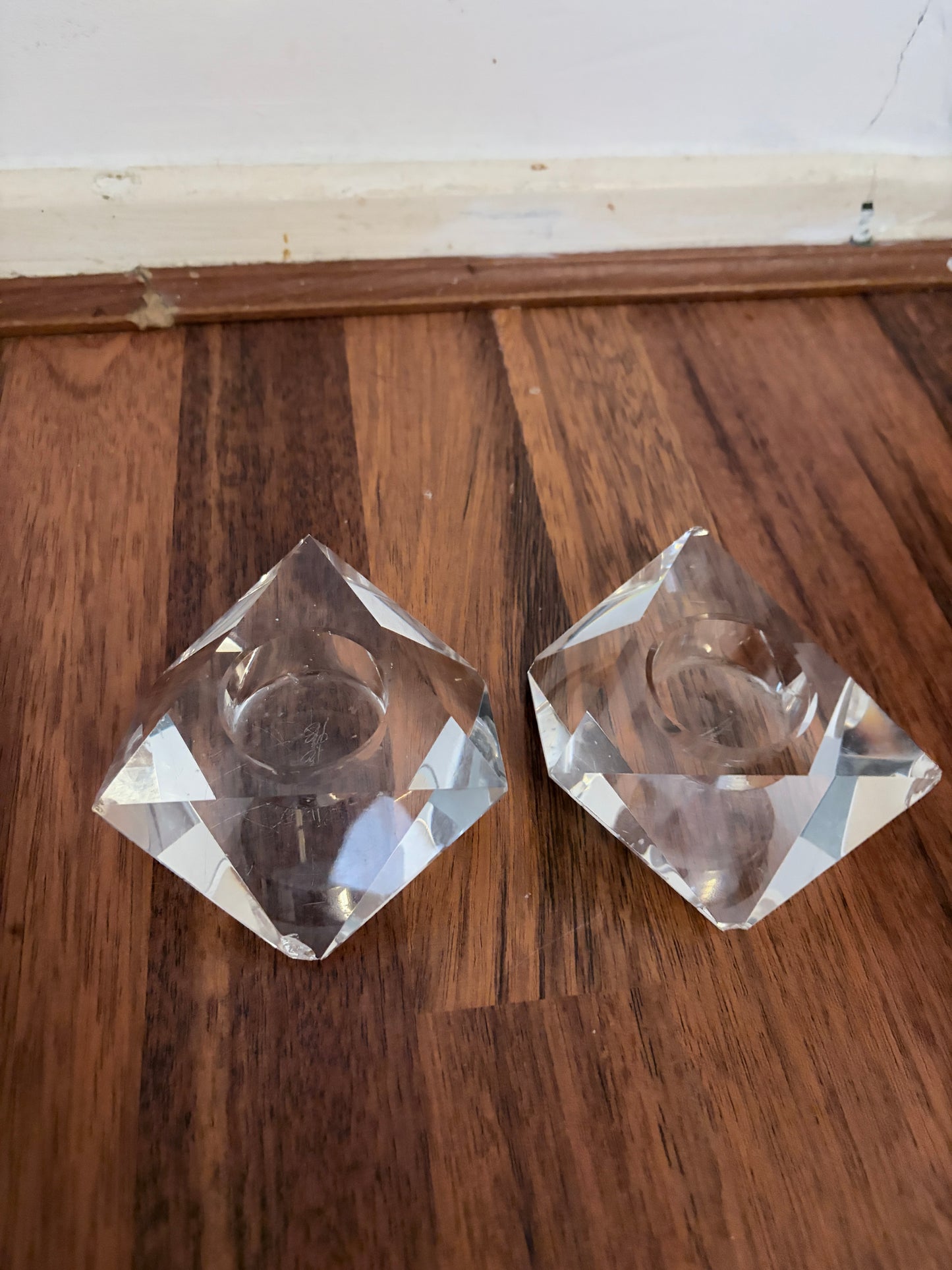 Pair of Mid Century Lucite Faceted Candle Holders – Geometric Crystal