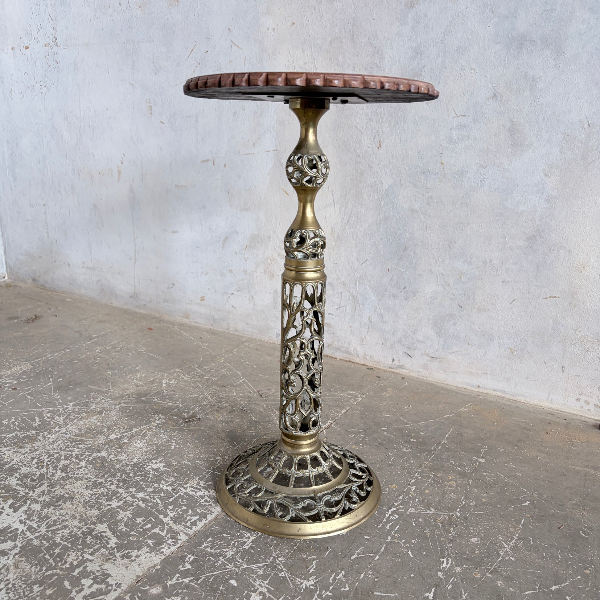 Antique Hand-Carved Wooden & Brass Plant Stand | Indian Carved Pedestal Side Table