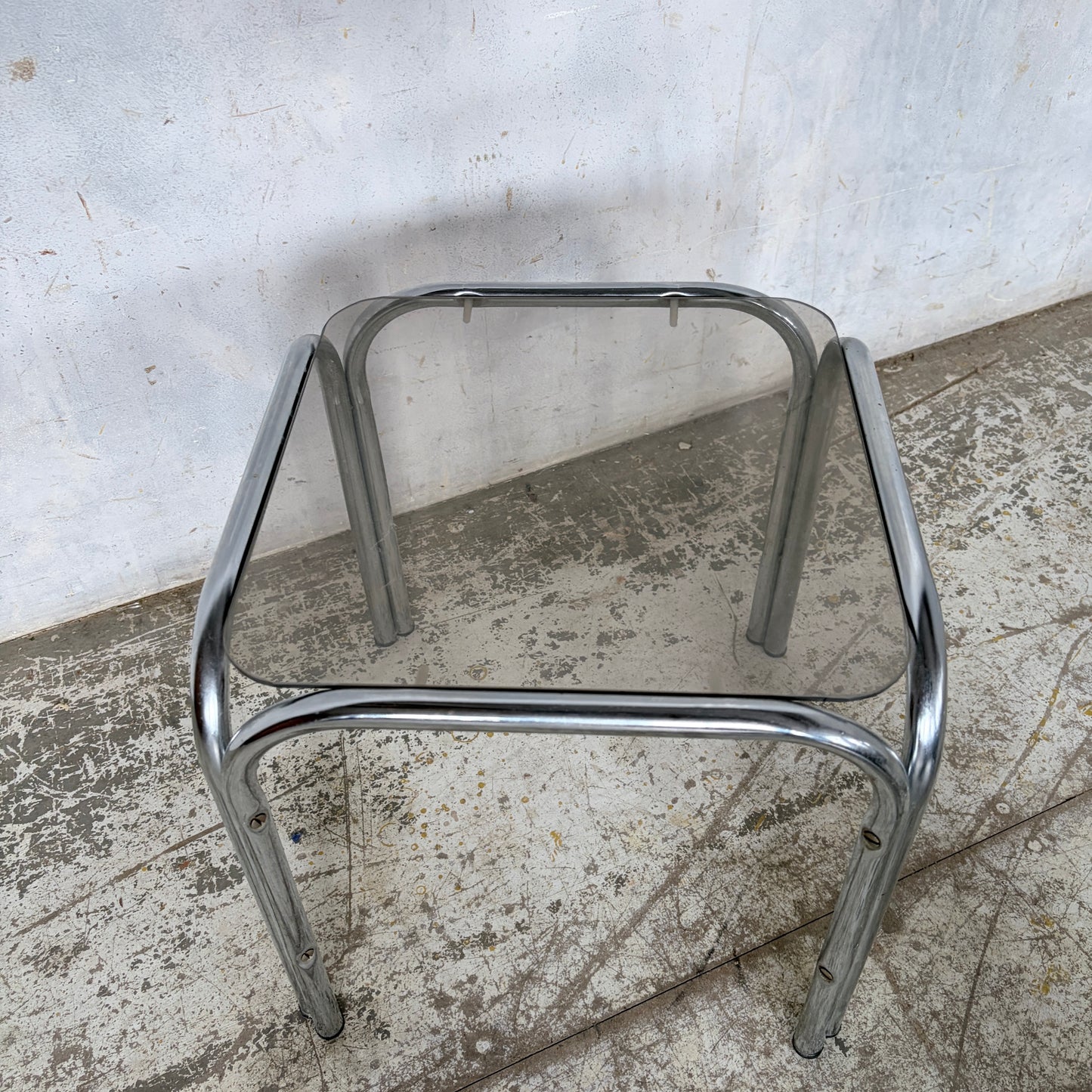 Vintage Chrome & Smoked Glass Side Table Mid Century Tubular Chrome