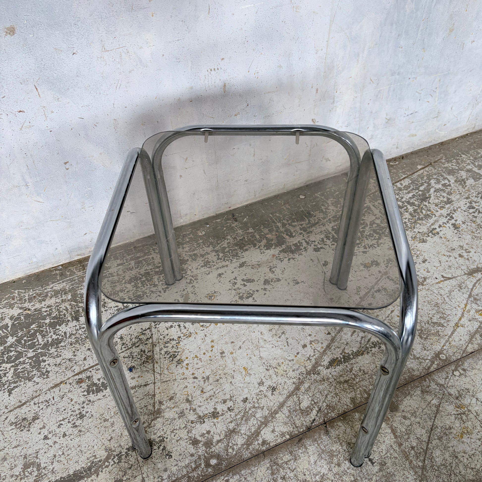 Vintage Chrome & Smoked Glass Side Table Mid Century Tubular Chrome