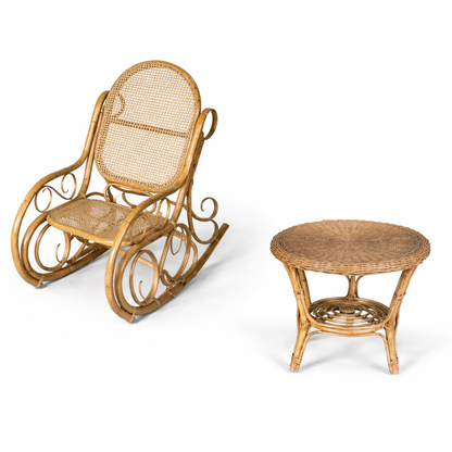 Mid Century Bamboo & Rattan Rocking Chair with Matching Footstool