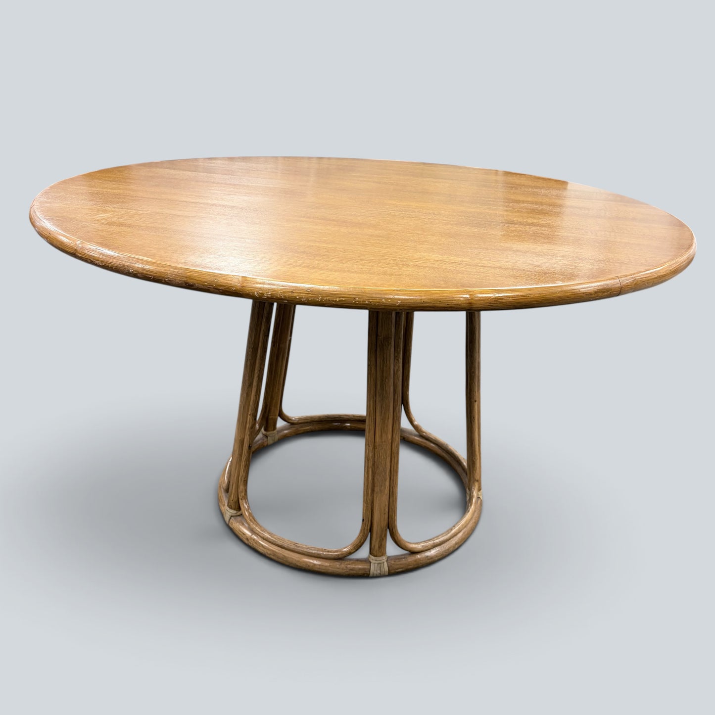 Vintage Oak & Bamboo Round Dining Table | Mid Century Rattan Pedestal Dining Table