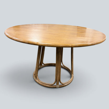 Vintage Oak & Bamboo Round Dining Table | Mid Century Rattan Pedestal Dining Table