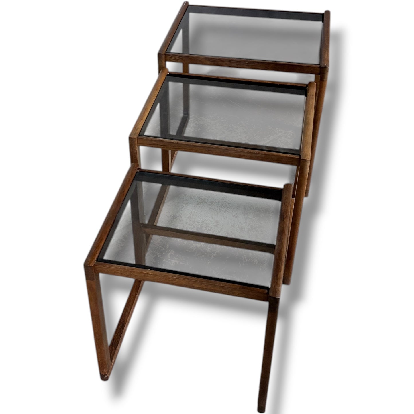 Nesting Teak Tables - Danish Mid Century Coffee Tables With Smoked Glass Tops