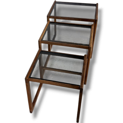 Nesting Teak Tables - Danish Mid Century Coffee Tables With Smoked Glass Tops