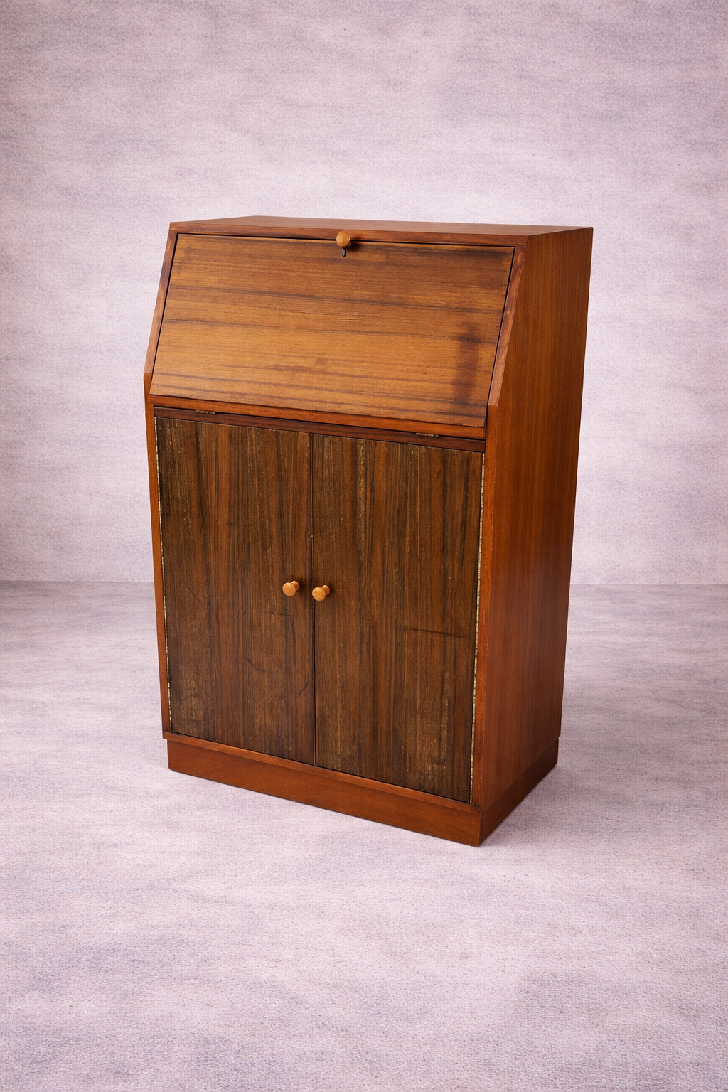 Mid Century Teak & Walnut Bureau Desk by Morris of Glasgow – Drop Front Writing Cabinet