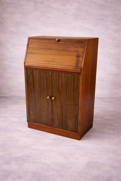 Mid Century Teak & Walnut Bureau Desk by Morris of Glasgow – Drop Front Writing Cabinet
