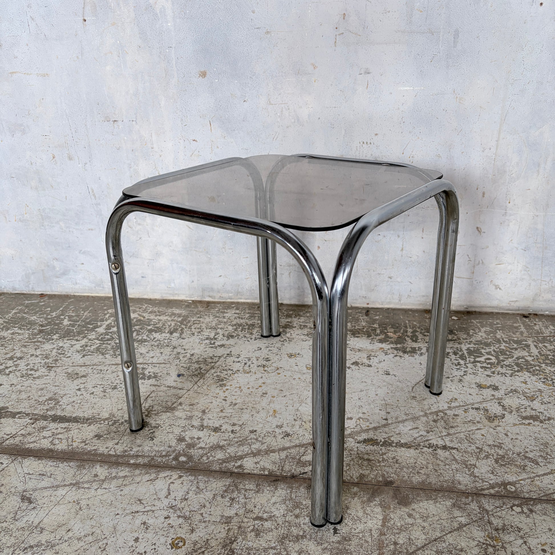 Vintage Chrome & Smoked Glass Side Table Mid Century Tubular Chrome