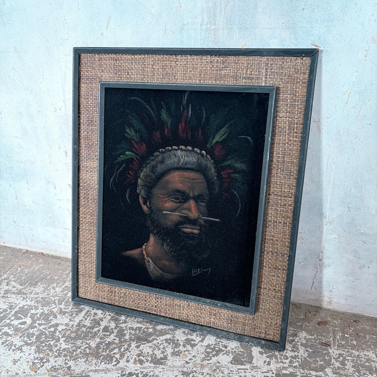 Vintage Signed Oil Portrait of a Papuan Highlander by L. Rewey | Original Mid-Century Framed Oil Painting — view 4