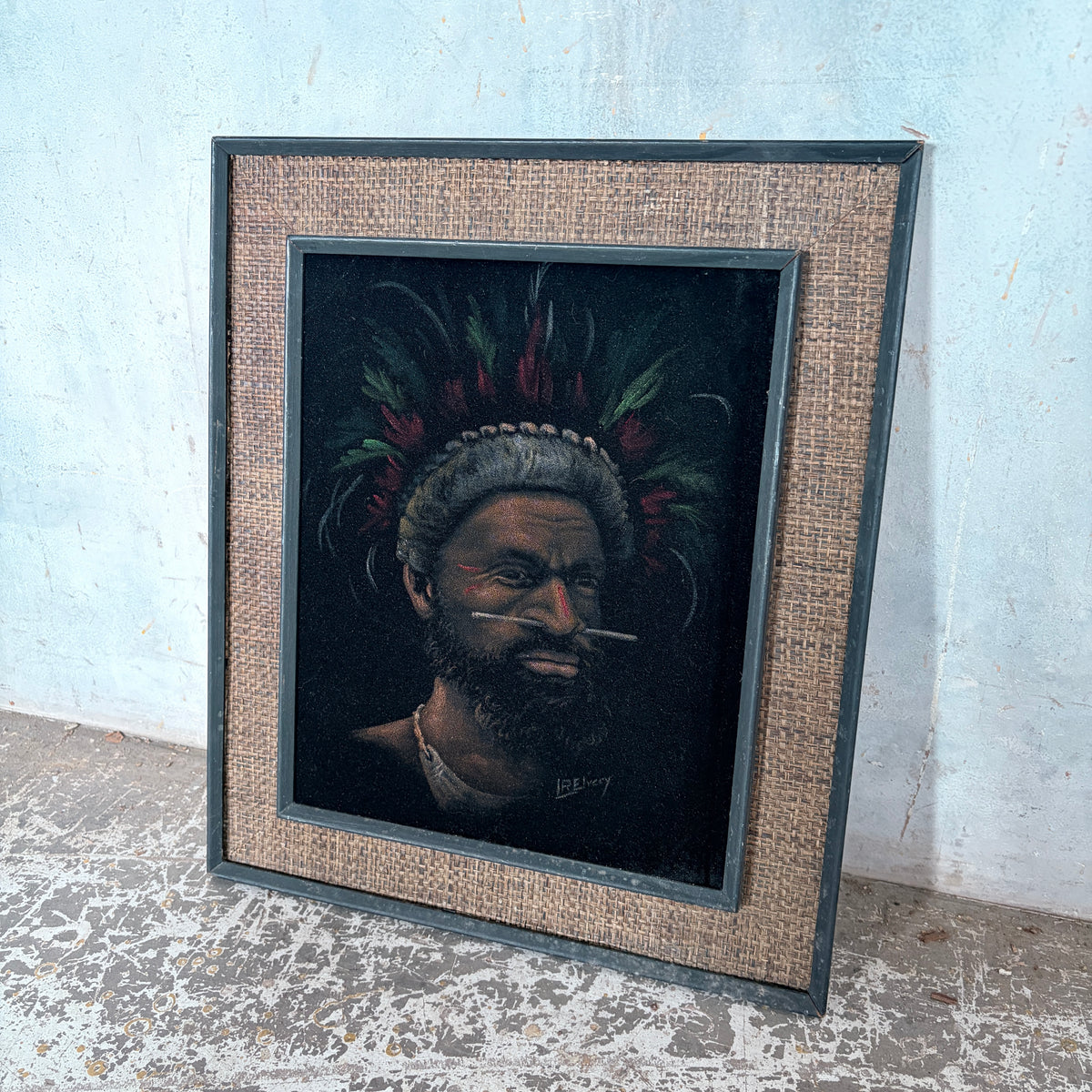 Vintage Signed Oil Portrait of a Papuan Highlander by L. Rewey | Original Mid-Century Framed Oil Painting — view 4