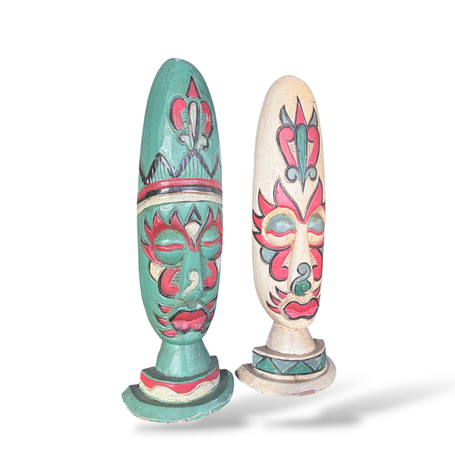 Hand Carved Wooden Sculptures – Mid Century Folk Art Painted Heads