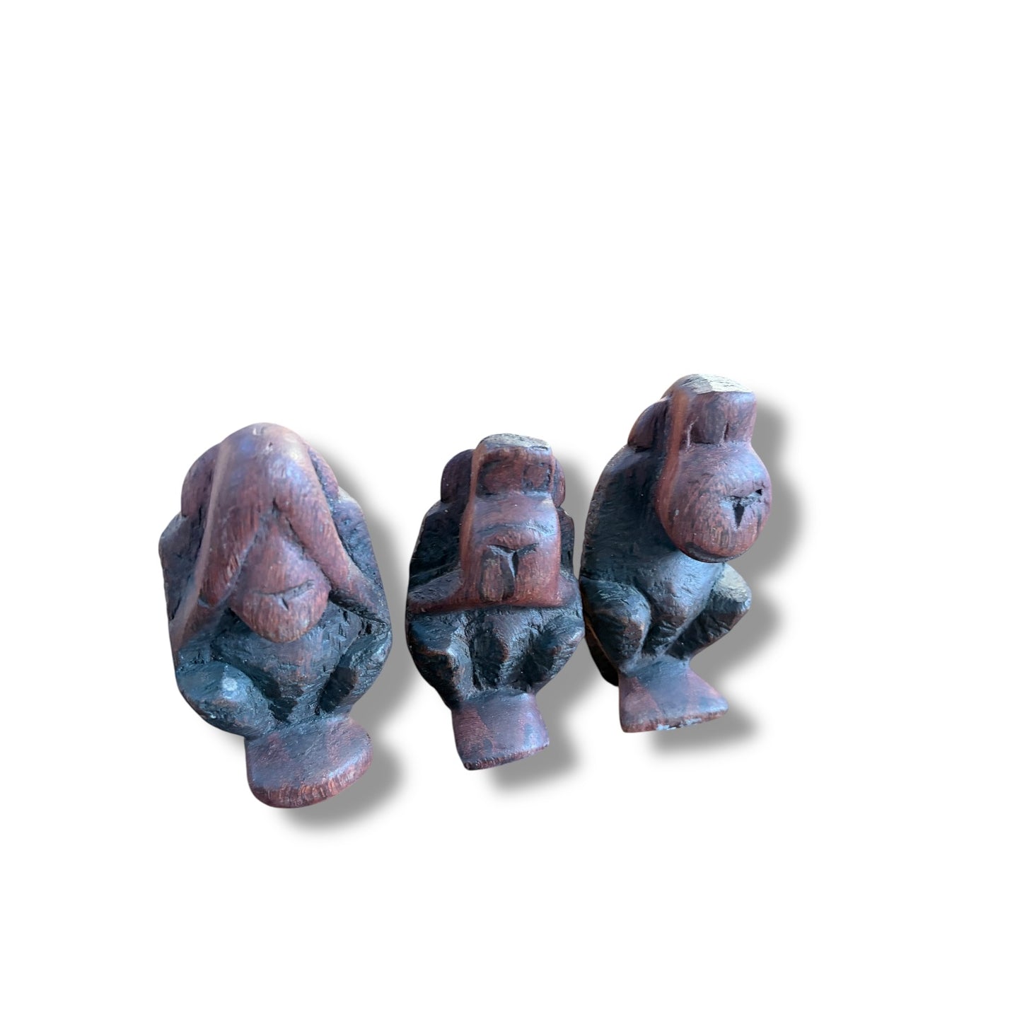 Vintage Hand-Carved Wooden “Three Wise Monkeys” Sculptures – Set of Three