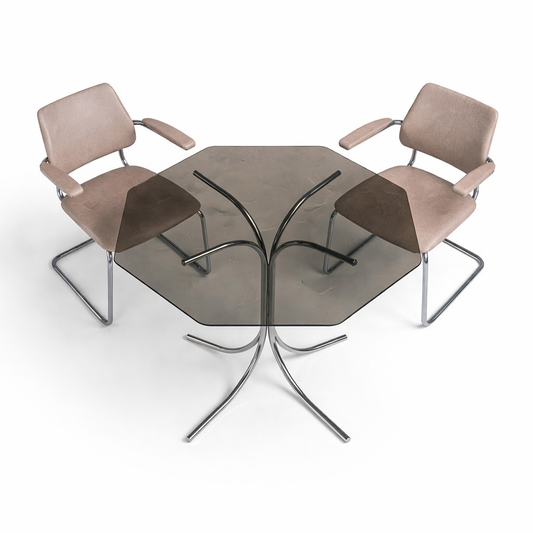 Mid Century Italian Chrome & Smoked Glass Dining Table with Cantilever Chairs