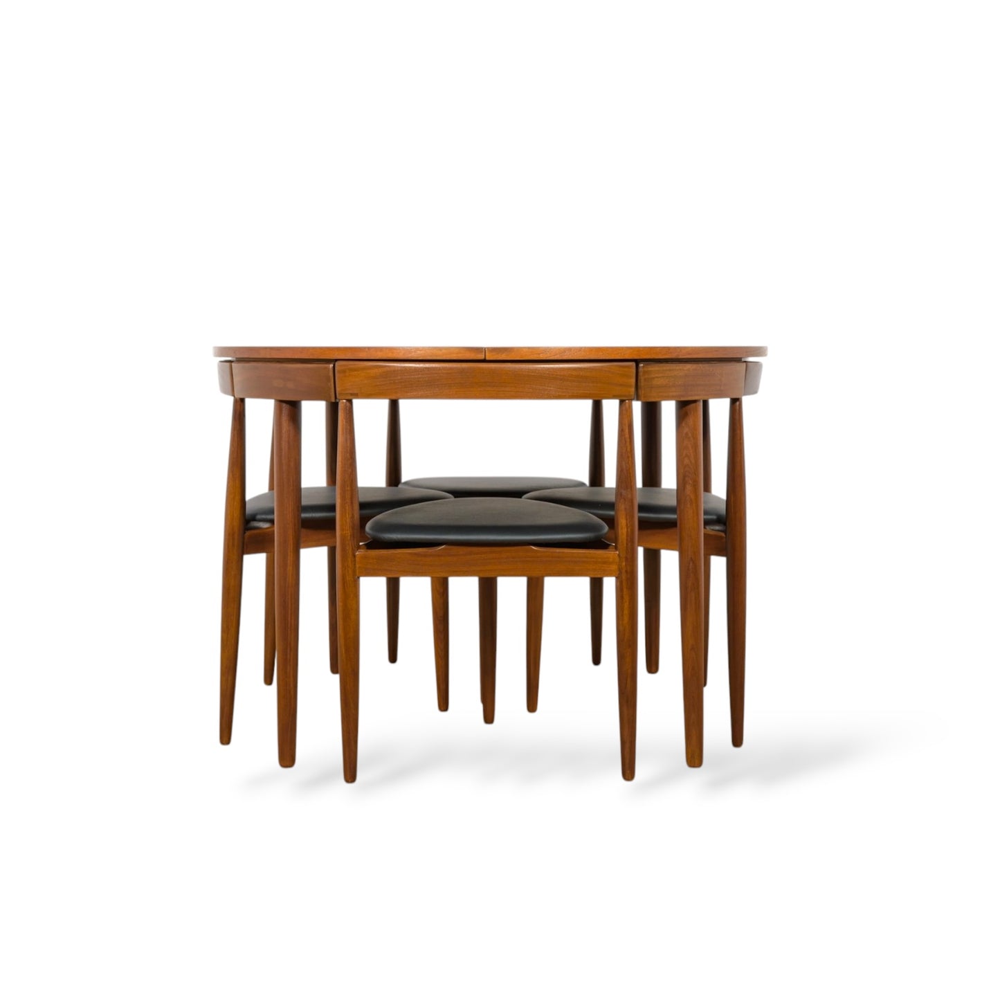 Hans Olsen Frem Røjle Teak Dining Set | Danish Mid Century Round Extending Table & 4 Tri-Leg Chairs