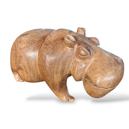 Wood Hippopotamus Sculpture - Mid Century Hand Carved Solid Teak Statue